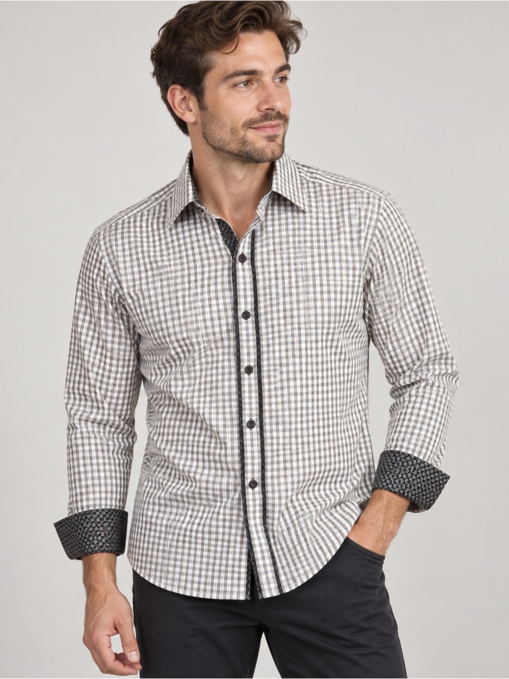 7 Downie St Button Down Shirt Mens Size 4 Medium Flip Cuff Black White Check